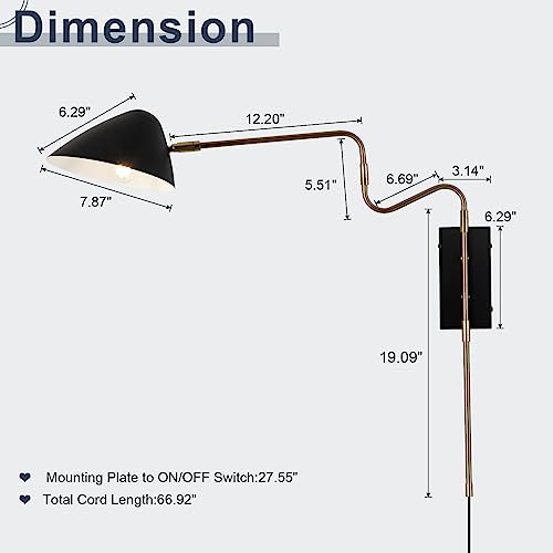 Image of Modern Plug in Wall Sconces, Black Swing Arm Wall Lights with ON /Off Switch Cord for Bedroom Living Room