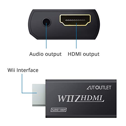 AUTOUTLET Wii zu HDMI Adapter, Wii Hdmi 1080P/720P Full HD Konverter, mit 3,5mm Video Audio Ausgang Buchse und 1m HDMI Kabel, für Nintendo Wii, TV Monitor Beamer Fernseher-schwarz