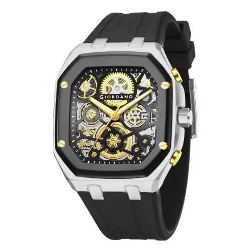 Image of Giordano Analog Quartz Watch for Men with Octagonal Skeleton Dial, Exposed Gear Design, Date Display and Silicone Strap - GZ-50221