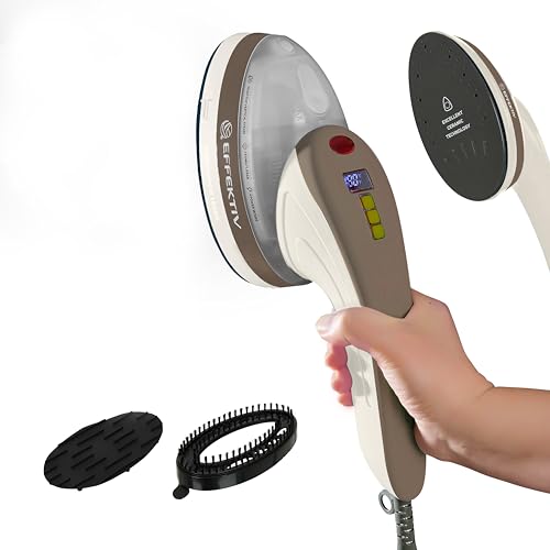 EFFEKTIV – Plancha de Vapor Vertical Ropa 1800W | Bomba Integrada | 3 en 1: Plancha Ropa, Cepillo de Vapor y Centro de Planchado Compacto | Vapor 1.8 Bar | Cable 3 m | Autoapagado – Marrón