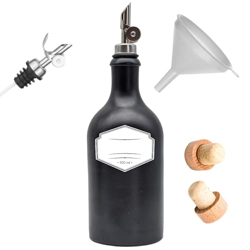 Ölflasche Keramik mit Free-Flow-Ausgießer 500 ml schwarz inkl. Ø 8 cm Trichter, Holzkorken und wasserfestes Etikett