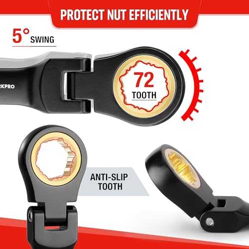 WORKPRO 8-Piece Stubby Anti-slip Ratcheting Combination Wrench Set, SAE 5/16-3/4 in, 72-Teeth, CRV, Black Electrophoretic Coating, Flex-Head Wrench Set with Rolling Pouch