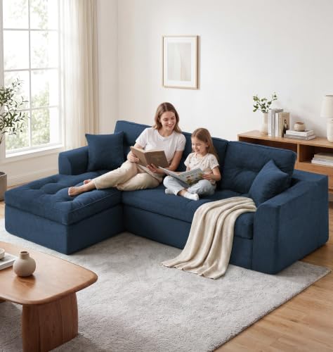 Image of Hobestluk Couch Sofa for Bedroom, Living Room, Office (Blue-L, Large) | Left Facing Chaise, Blue, Removable Cover, Button Tufted, Non-slip Bottom Design, No assembly Required, L Shaped Couch