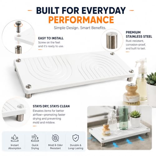 Diatomite Sink Tray, Water Absorbing Stone Bathroom Counter Tray for Soap, Toothbrush, Skincare and Sponge, Fast Drying Non-Slip Vanity Sink Tray (White) — view 3
