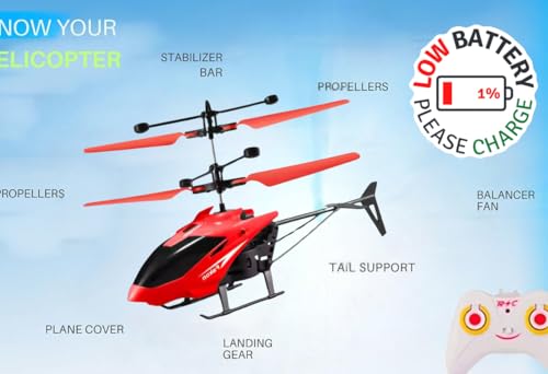 Image of Toy Plastic Helicopter Remote Control Helifor 6 + Years Boys Indoor and Outdoor Helicopter, Palm Sensing Helicopteer with led Lights (Pack of 1) (RED)
