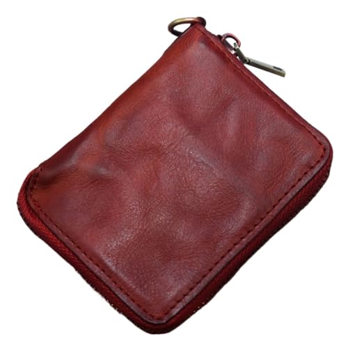 Retro Short Zipper Wallet Multifunctional Vegetable Tanned Leather Wallet Vertical Wallet(Red)