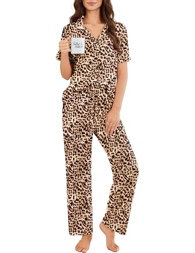 Image of Ekouaer Pajamas for Women Set Button Up Short Sleeve Pjs Sets With Pockets | Soft Womens Sleepwear,V Neck,Notch Collar,2 Piece Classic Loungewear With Long Pant for Sleep,Lounge,Fall