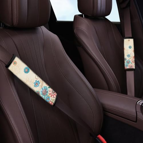 Image of AFPANQZ Boho Flowers 2 Pack Car Seat Belt Covers for Adults Safety Seatbelt Pad Cushion Adjustable Universal for Most Car Laptop Backpack Luggage Bag Straps Pads