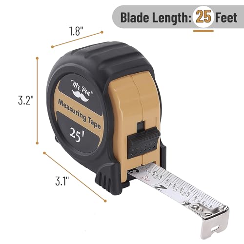 Image of Mr. Pen- Tape Measure, 25-Foot, Light Brown, Steel Measuring Tape Measure with Fractions, Retractable Measuring Tape Retractable