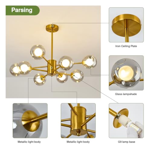 Image of 8 Light Sputnik Gold Glass Globe Chandelier for Dining Room Light Fixture