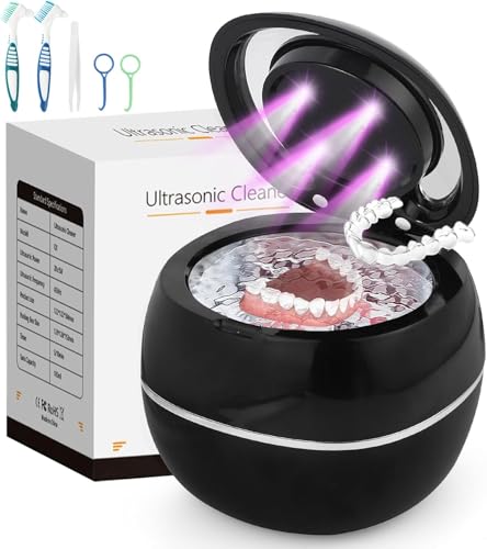 GuKKK Limpiador Ultrasonidos 42000Hz Limpiador Ultrasónico de Joyas, Removedor de Sarro de 24W Lámpara UV de 180ML Limpiador Dental para Aparatos dentales,Prótesis Dentales,Retenedor Anillos(Negro)