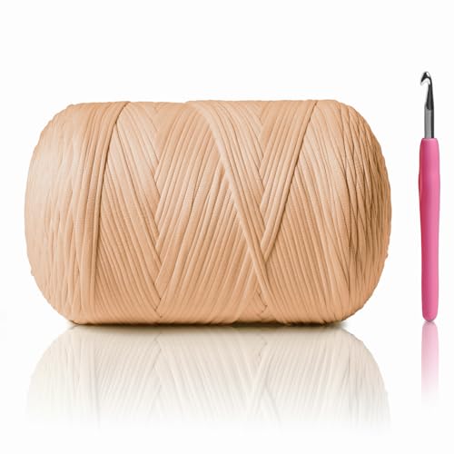 Image of 800G（228YDS） Tshirt Yarn for Crocheting，Chunky T-Shirt Yarn for Beginner Crochet Bags，Baskets，Coasters，Shoes，Clothes，DIY Crafts, Elastic Fabric Thick Hand Knitting Crochet Yarns (Light Tan)