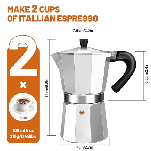 DITOSH 2 Cup Aluminum Espresso Stovetop Moka Pot Express Coffee Maker Percolator Italian Classic Mocha Coffee Machine for Italian and Cuban Cafe Brewing for Home & Camping 100ml 3.3oz