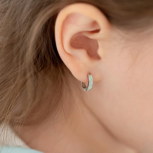 925 Sterling Silver Simulated Opal Inlay Huggie Hoop Earrings For Little Girls and Preteens 8mm - Glittering Simulated Opal Earrings For Young Girls - Cute Huggie Earrings For Kids3