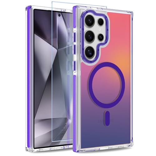 Image of Magnetic Case for Samsung Galaxy S24 Ultra [Compatible with Magsafe] [Cute Fashion Fluorescent Design] [1 Screen Protector] Slim Translucent Matte Case for Galaxy S24 Ultra 6.8 inch, Purple