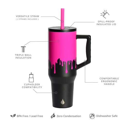 Image of Elemental Spill Proof 40oz Insulated Tumbler with Handle & Straw Travel Mug | Stainless Steel Commuter Travel Coffee Mug for Cold Beverages, Includes 2 Straws & a Spill Proof Lid for Everyday Use