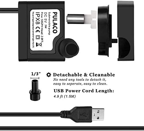 PULACO DC 5V USB Mini Submersible Water Pump for Pet Fountain, Aquarium Fish Tank, Pond, Fountain, Hydroponics