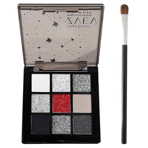 Black Smoky Lidschatten Palette, Kühle Töne Schwarz Weiß Grau Rot Smokey Eyeshadow Palette Für Halloween Und Gothic Schminke, 9 Farbe Matt Schimmernd Hochpigmentiert Make Up Palette Mit Pinsel