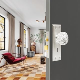 Mortise Lock Set for Interior Door with Skeleton Key, Glass Door Knobs with Lock, Antique Vintage Door Knobs Replacement Hardware (Brushed Nickel Finish)