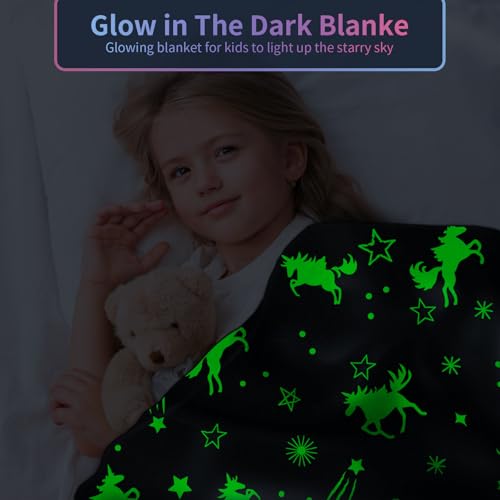 Image of Glow in The Dark Unicorn Blanket for Girls - Personalized Soft Fleece Gift for Kids /Baby /Toddler Age 1-12, 40 inchx 60 inch