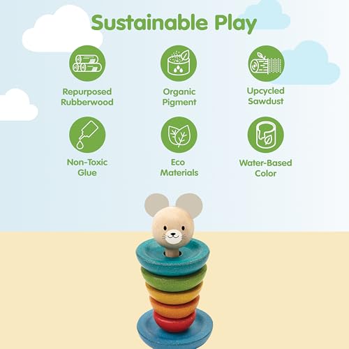 Image of PlanToys Mouse Stacking Ring Wooden Montessori Size and Colour Sorting Toy | Fine Motor, Coordination and Early Math Learning Activity | Eco Friendly Educational Stacking Toy