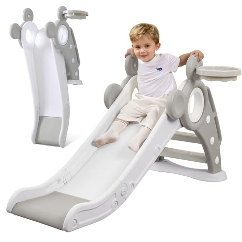 YOLEO Rutsche, Kinder Fun-Slide mit Basketballkorb, Faltbar Kinderrutsche, Gartenrutsche Kleinkinderrutsche für 2 3 Jahre, Indoor & Outdoor Rutschbahn mit Rutschauslauf Grau