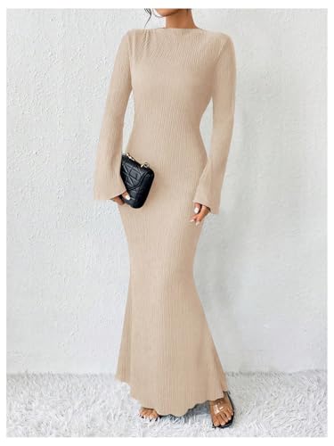Image of GORGLITTER Women's Bell Long Sleeve Cocktail Maxi Dress Crew Neck Bodycon Fishtail Casual Long Dresses