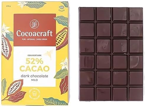 52% Mild Dark Chocolate Couverture (210g) Dark Chocolate Baking Bar| 100% Natural| Handmade Artisanal Couverture from Kerala| Easy for Snacking, Making Chocolates, Cake Toppings.