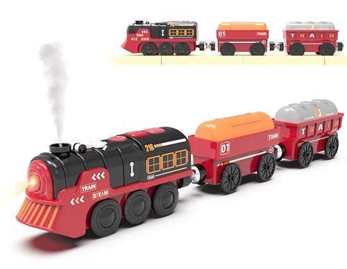 Toy Train Electric Train Set for Wooden Tracks Christmas Motorized Trains Toys for Toddlers Battery Operated Trains Includes Lights Sounds Smoke Steam Train Compatible with Thomas Brio