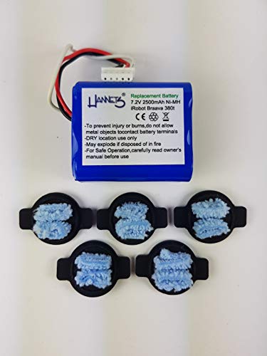 Hochwertiges Hannets® Zubehörset 5 Reinigungspads und Akku 2500 mAh Ersatzakku 7,24 V I Ersatzset kompatibel mit iRobot Braava Battery Akkupack