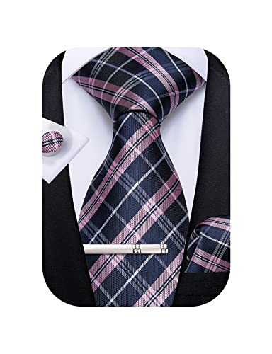 Image of DiBanGu Plaid Ties for Men Silk Checkered Necktie and Pocket Square Cufflinks Tie Clip Set with Gift Box for Wedding Business