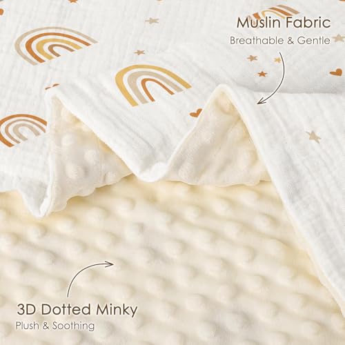 Image of Rainbow Baby Blankets for Girls, Soft Nursery Minky Blankets with Muslin and Dotted Fleece Back 30x40 inches, Receiving Bed Quilt for Newborn, Infants, Toddlers