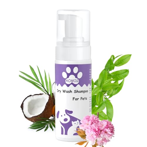Aomig Wasserloses Trockenshampoo für Hunde Katzen Kleintiere Schnelle Sanfte Reinigung mit Pflegenden Pflanzenextrakten Ohne Alkohol Schaumformel Rückstandsfrei für Reisen empfindliche Haut (150ml)