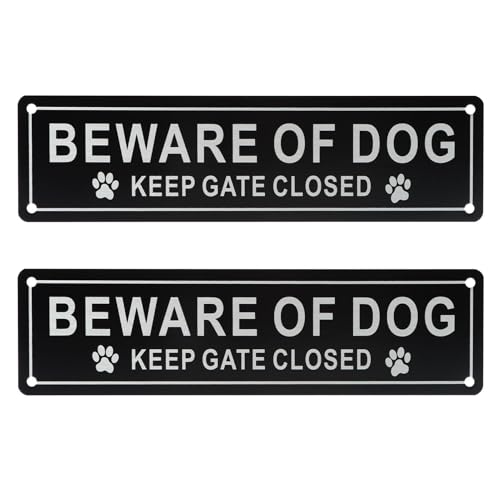 2 Pack Beware of Dog Sign Aluminum Keep Gate Closed Sign for Fence or Gate 10 x 4 inchs(COLOR:Black)