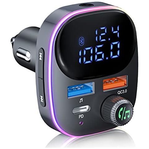 Newest Bluetooth V5.3 FM Transmitter, SOARUN Bluetooth Car Transmitter Car Radio Transmitter Hands Free Car Kit MP3 Player QC3.0 PD3.0 Car Charger with LED Display Support USB Drive Colorful Light Cover