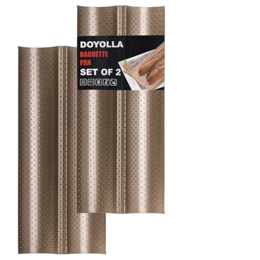 DOYOLLA Perforated French Baguette Bread Pan Baking Tray, 2-Wave, Set of 2, w/ Bread Lame, Dough Scraper & Pastry Proofing Cloth for Professional & Home Bakers