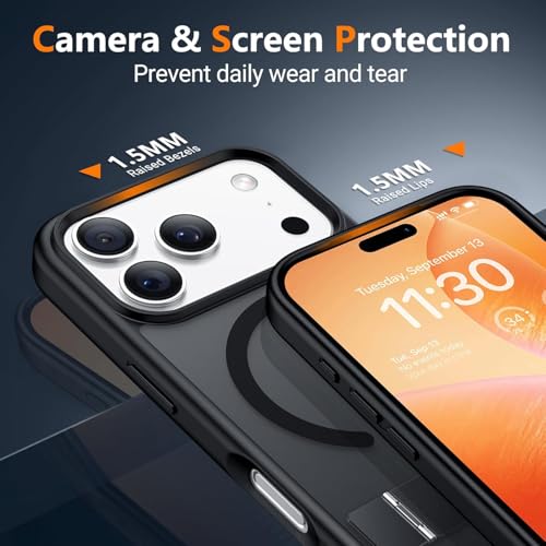 Image of Elzzi Translucent Matte Kickstand Case for iPhone 17 Pro, Built-in Adjustable Camera Stand, Magnetic MagSafe Shockproof Phone Cover (Black)