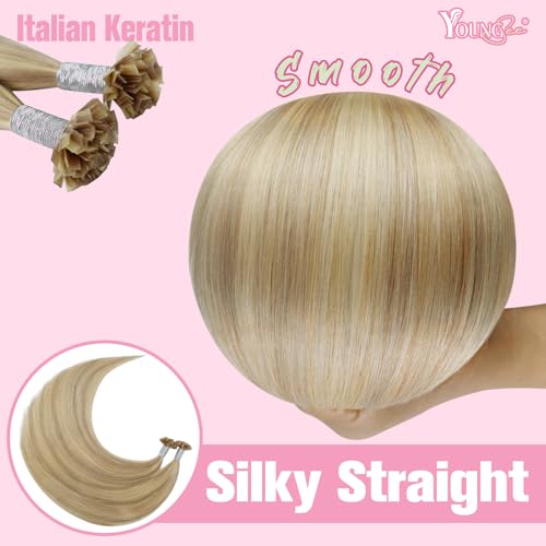 Image of YoungSee K Tip Hair Extensions Human Hair Blonde Highlight Ktip Human Hair Extensions Golden Blonde Highlight 14inch 50s /50g