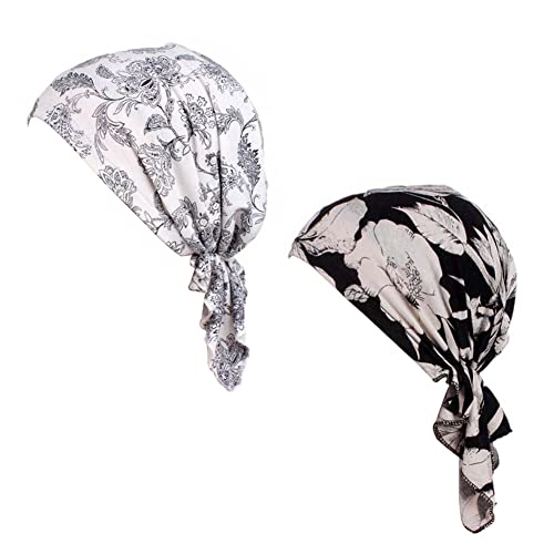 beauty YFJH Women Stretch Cotton Print Sleep Turban Hat Headwear Scarf Chemo Beanie Cap For Cancer Hair Loss (Black Flower Leaves)
