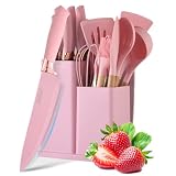 Cooking Utensils Set, Caliamary 19 PCS Silicone Kitchen Utensils Set with Holder and Kitchen Knife Set for Cooking, Non-stick Heat Resistan Kitchen Tools and Gadgets with Wooden Handle (Pink-19)