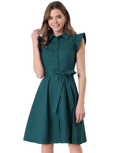 Image of Allegra K Women's Ruffled Sleeve Casual Office Dress Tie Waist Button Down Cotton Shirt Dresses