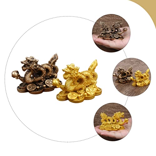 Yardwe Vintage Decor 2Pcs Chinese Statue With Coins Zodiac Dragon Figurine Ornament Blessing Peace And Wealth Auspicious Sculpture For Home Office Car Decoration Dragon Statue #TOP1