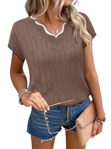 Image of WIHOLL Womens Summer Tops Cap Sleeve Sweater V Neck Shirts Beach Vacation Clothes Business Casual Fashion Clothing