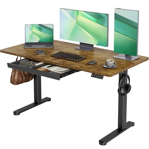 Image of Claiks Electric Standing Desk with Drawers, 55x24 Inch Rustic Brown