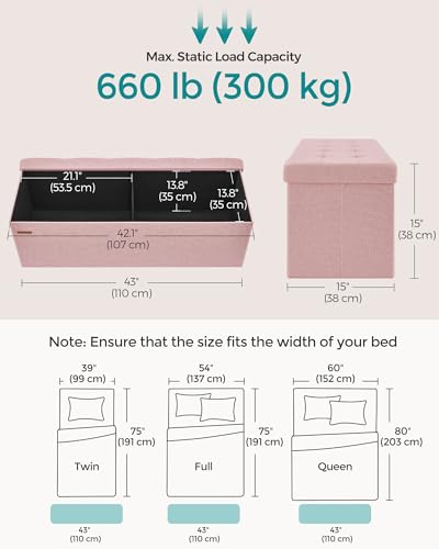 Image of SONGMICS MAZIE Collection - 43 Inches Folding Storage Ottoman Bench, Ottoman Foot Rest, End of Bed Bench, Storage Chest, Load 660 lb, for Living Room, Bedroom, Entryway, Jelly Pink ULSF077R11