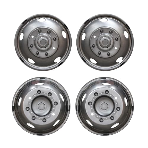 Image of 4pcs 19.5 inch Front Rear Polished Stainless Steel Dually Wheel Simulators,8 Lug 5 Hand Hole Snap On HubCaps,Nice Looking Skins Liners Bolt On Wheel Covers Fit for 1999-2002 Ford F450 F550 Super Duty