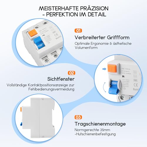 FI Schutzschalter Typ B 40A 30mA 4 Polig Allstromsensitiv RCD,für Photovoltaikanlagen,Wallbox Ladestationen,Wechselrichter,Fehlerstromschutzschalter mit 10kA Schaltvermögen für Drehstrom (40A)