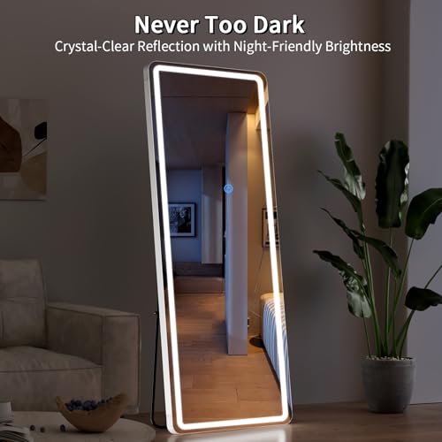 Image of Koonmi Full Length Mirror with LED Lights, 65 inchx24 inch Lighted Mirror with Dimming & 3 Color Lighting, Big Mirror for Bedroom, Dressing Room, Rectangle,White