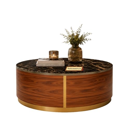 Image of Marble Top Royal Crest Round Center Table | Premium Marble Top Coffee Table for Living Room | Modern Luxury Design 36x36x17 Inch (Wooden)