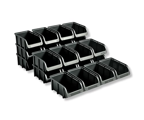 hünersdorff 24 cajas apilables, tamaño 2, de polipropileno irrompible (PP), recicladas, ideal para sistemas de ordenación y clasificación, placas de pared, estanterías de taller, color negro